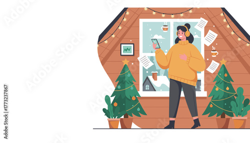 Woman using smartphone and headphones in a festive winter attic with floating work and coffee