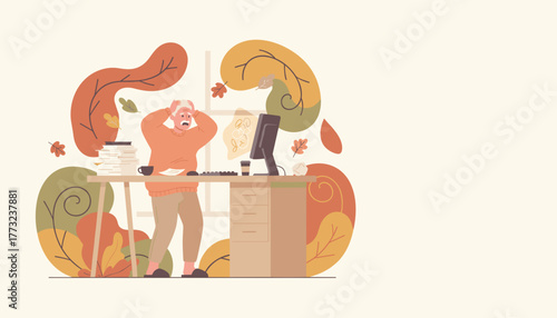 Overwhelmed senior man stressed by large workload at his desk during the busy autumn season