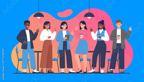 Diverse business team collaboration pointing sharing successful ideas during a coffee break