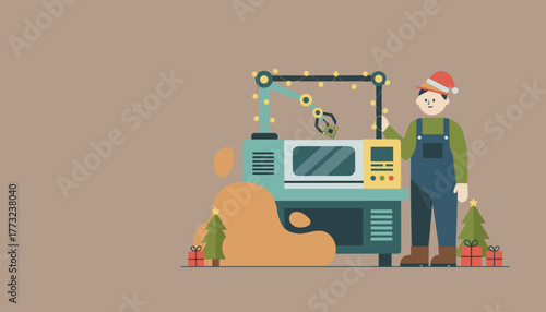 Worker and festive production machine assembling microchip for holiday tech manufacturing