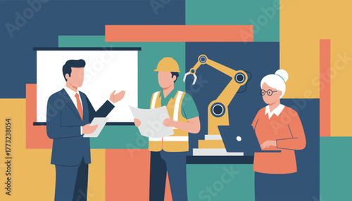 Professionals planning industry automation using robotics and presentation screen