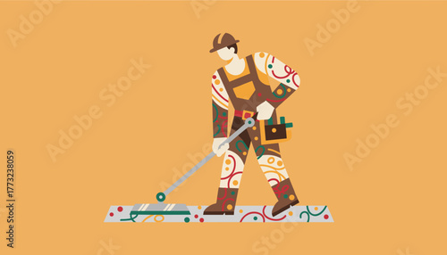 Stylized illustration of a tradesman working on a decorative surface Craftsmanship concept