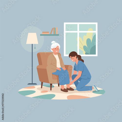 Caregiver assists smiling senior woman with home healthcare and supportive living services