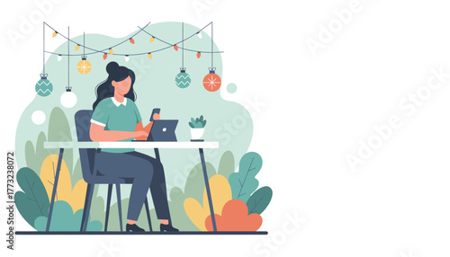 Flat illustration of woman working on a tablet outdoors enjoying remote work and digital flexibility