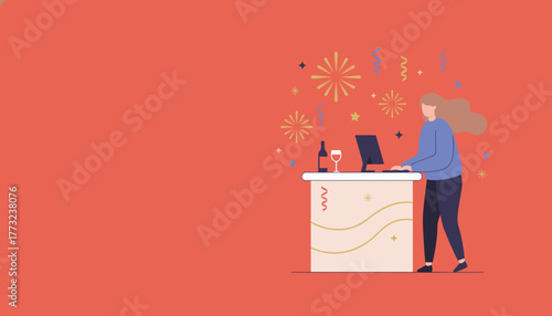Woman working on computer during a festive celebration with wine and fireworks illustration
