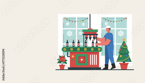 Factory worker operates a festive bottling machine preparing products for the Christmas holiday season