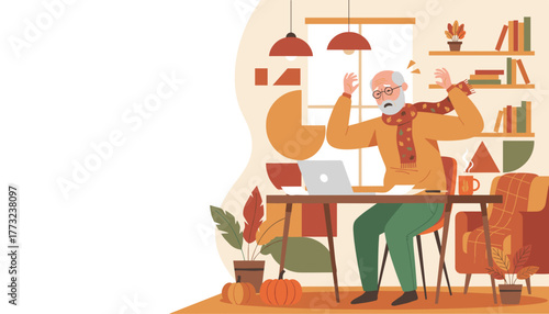 Frustrated senior man struggling with laptop and remote work in a cozy autumn home office