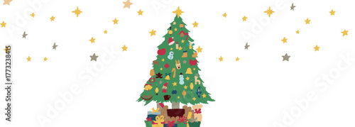 クリスマスツリーのイラスト。12月のツリーとオーナメントのセット。サンタとトナカイの飾り。Christmas tree illustration. Set of December trees and ornaments. Santa and reindeer decorations.