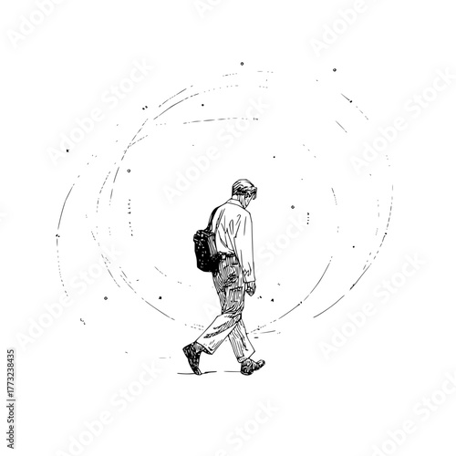 A man walking with a bag over his shoulder in a sketched style with circular lines in background art
