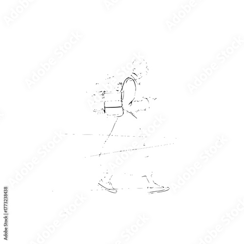 A sketch of a person walking with a backpack and using a walking stick in a minimalist style art piece