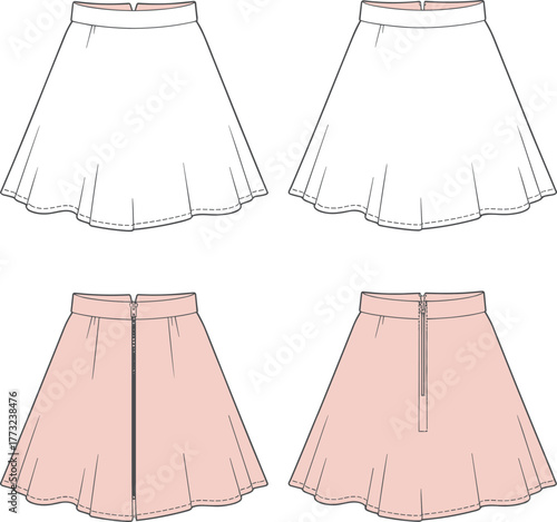 Flared mini skirt fashion flat sketch, technical CAD drawing vector illustration, women's skirt design template, zipper closure detail, apparel design