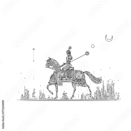 A detailed line art illustration of a knight on horseback over a cityscape with celestial elements