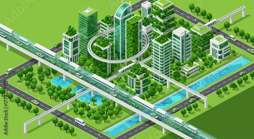 An isometric view of a futuristic, eco-friendly city with lush greenery integrated into modern skyscrapers and efficient public transportation systems, showc...