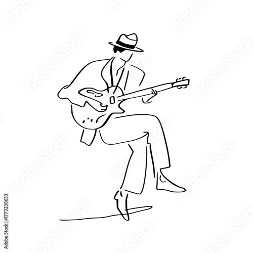 Line art of a man in a suit and hat playing an electric guitar with a minimalist design style art