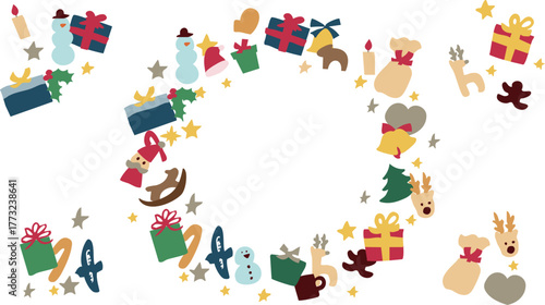 クリスマスツリーのイラスト。12月のツリーとオーナメントのセット。サンタとトナカイの飾り。Christmas tree illustration. Set of December trees and ornaments. Santa and reindeer decorations.