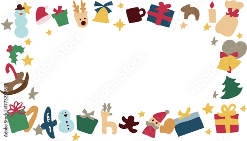 クリスマスツリーのイラスト。12月のツリーとオーナメントのセット。サンタとトナカイの飾り。Christmas tree illustration. Set of December trees and ornaments. Santa and reindeer decorations.