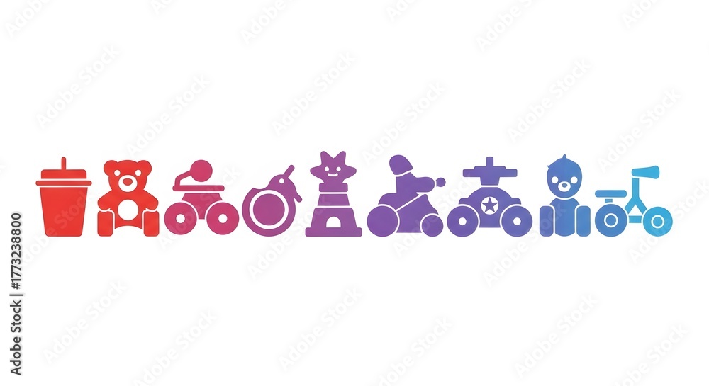 Fototapeta premium Rainbow gradient of toy icons: cup, teddy bear, toy car, rocket, castle, ATV on white background