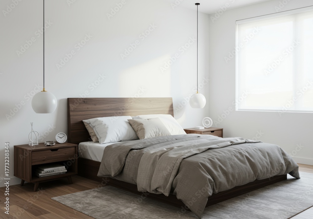 Fototapeta premium Minimalist bedroom interior features a dark wood platform bed with neutral bedding and modern lighting fixtures