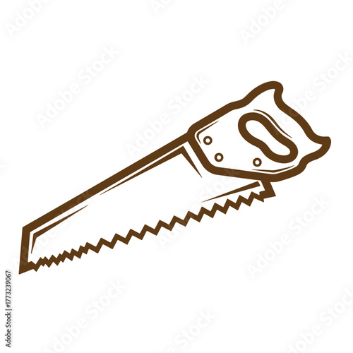 A vintage art illustration of a brown handsaw isolated on a white background