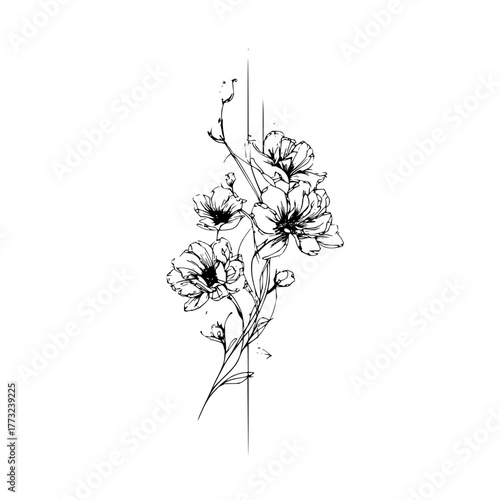 Detailed botanical illustration of a flowering plant with delicate line work and floral details