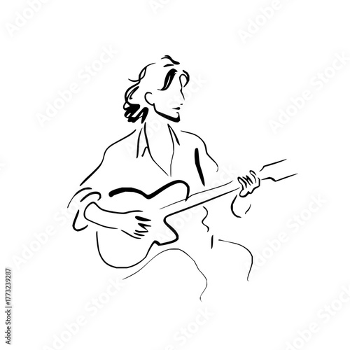 Line drawing of a musician with long hair playing an electric guitar in a black and white illustration