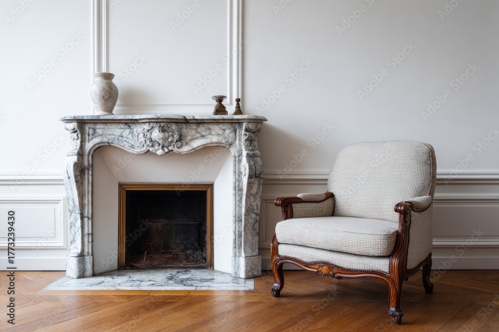 Fototapeta premium Elegant armchair sits beside ornate marble fireplace in room.