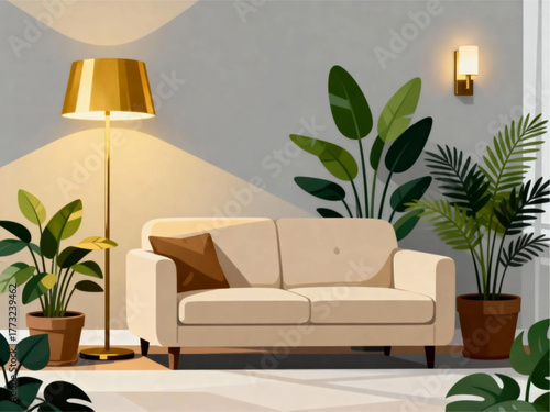 Cozy and Modern Living Room Interior with Beige Sofa, Lush Green Potted Plants, and Warm Ambient Lighting for a Relaxing Home Atmosphere