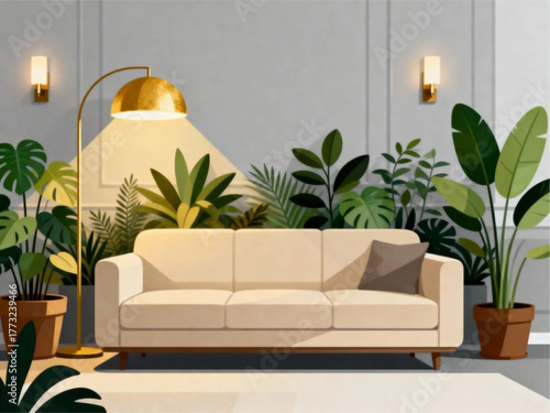 Cozy living room scene with a comfortable sofa and lush green plants bathed in warm light