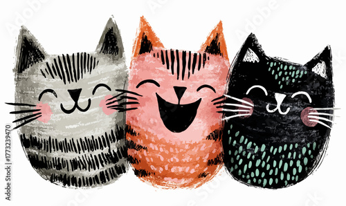 Three adorable and happy cartoon cat faces with a playful and whimsical illustration style.