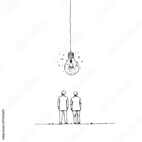 Two men gazing at a broken light bulb hanging from the ceiling in a minimalist black and white drawing style