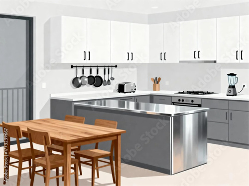 Modern and bright kitchen interior illustration featuring a wooden dining table, sleek stainless steel island, and contemporary appliances