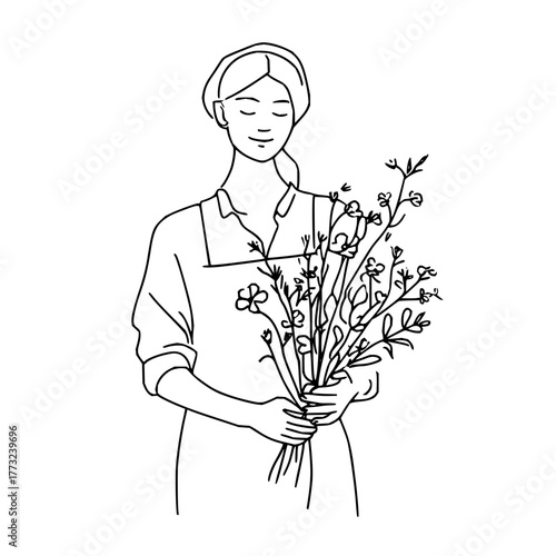 Woman in apron holding bouquet of flowers with closed eyes in a simple line drawing style illustration