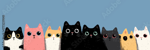 A collection of cute, stylized cats with big eyes lined up against a solid blue background.