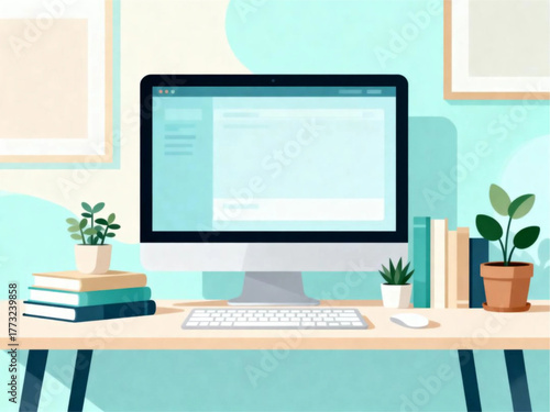 Cozy workspace with computer, books, and plants on a wooden desk in a relaxed ambiance