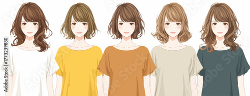 Collection of five fashionable young women with diverse hairstyles and casual outfits.