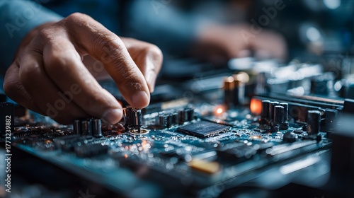 Technician precisely manipulates a delicate component on an illuminated electronic circuit board