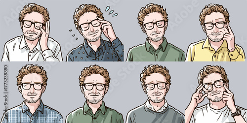 Man displays a range of emotions and gestures, illustrating different states of mind and thought processes.