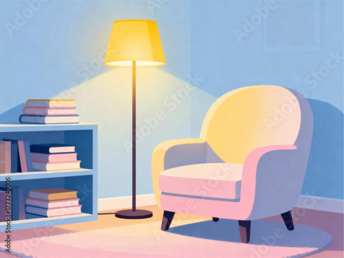 Cozy Reading Nook with Armchair, Lamp, and Bookshelf bathed in Warm Light