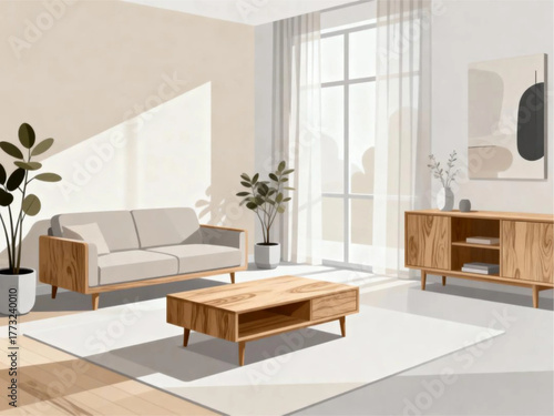 Bright and inviting modern living room illustration with minimalist furniture, natural sunlight, and soothing neutral tones creating a serene home environment