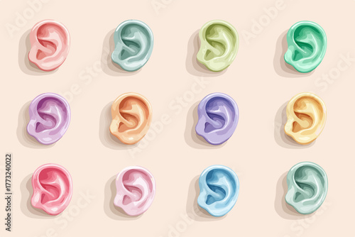 A collection of colorful vector illustrations of human ears in various pastel shades against a neutral background.