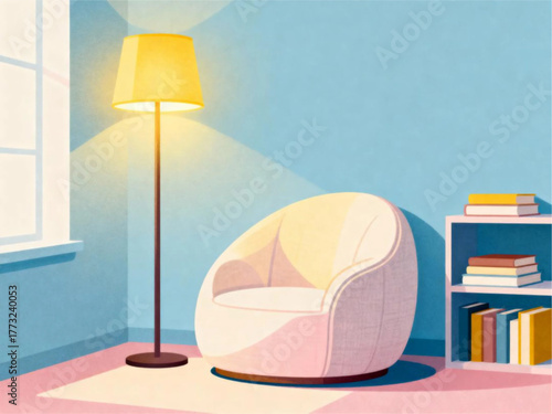 Cozy Corner Armchair, Lamp, and Bookshelf in a Relaxing Room