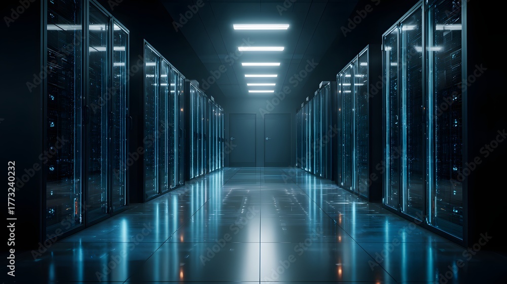 Fototapeta premium Rows of illuminated computer hardware cabinets stretch down a dark, modern data center aisle