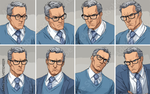 Collection of businessman portraits showing various expressions of anger and frustration.