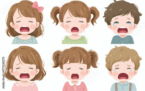 Diverse children's faces expressing sadness and distress with tears flowing down their cheeks.