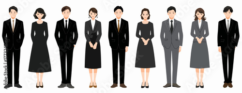 A diverse group of men and women in formal business attire stand together, showcasing professional presentation.