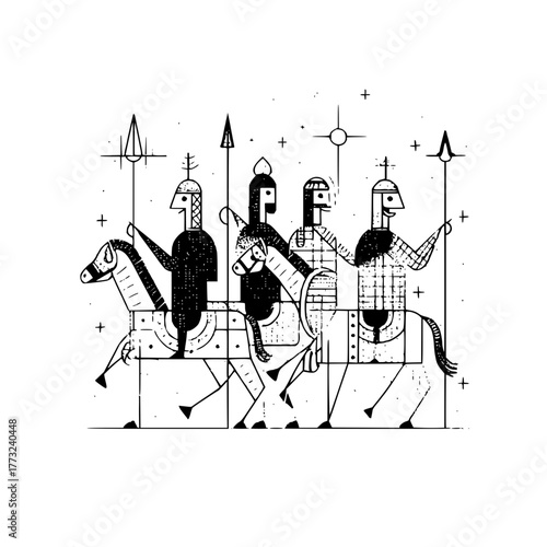 Stylized illustration of four warriors on horseback with spears in black and white artwork format