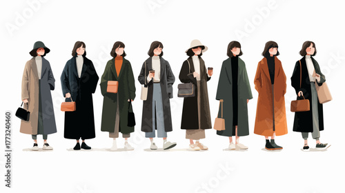 Diverse group of women showcasing various stylish outerwear and fashion accessories in a clean vector illustration.