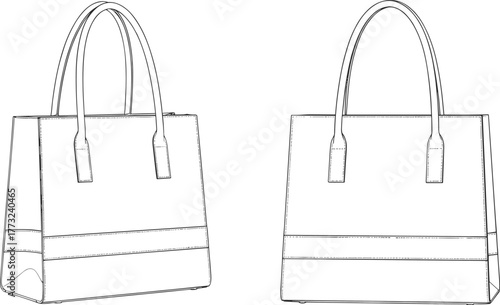 Handbag, technical drawing, flat sketch, vector illustration, CAD design, fashion accessory, tote bag, rectangular shape, front seam, leather purse, modern design