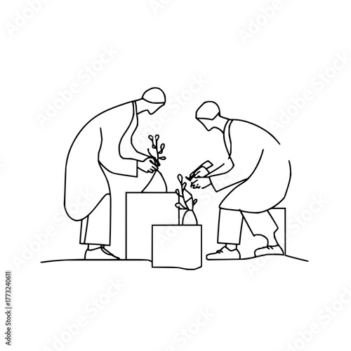 Two people tending to plants in pots with one using clippers in a minimalist line drawing style art
