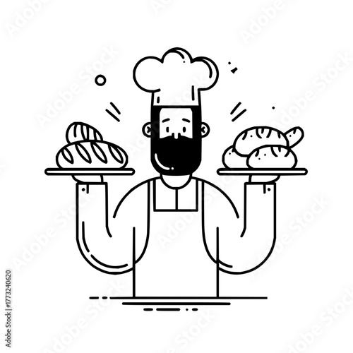 Baker holding trays of bread with a chef hat and apron in a minimalist black and white line drawing
